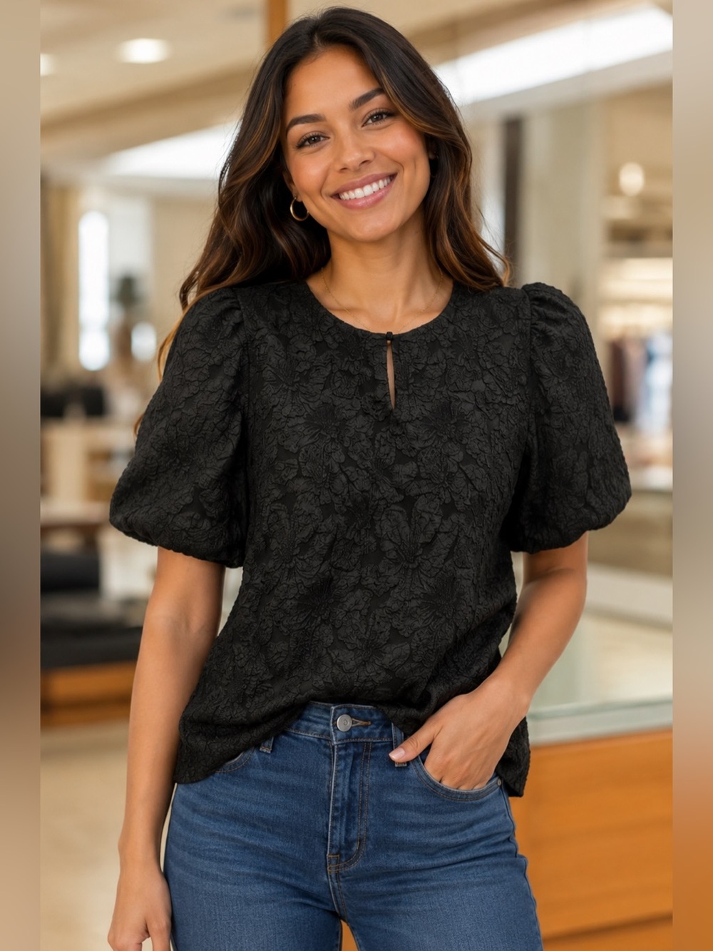 Liz Claiborne Black Textured Floral Puff Sleeve Blouse New with Tag M